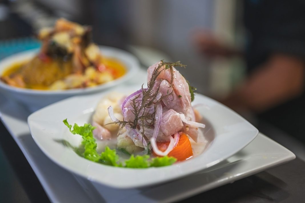 Kolorowe peruwiańskie ceviche na białym talerzu z dodatkami